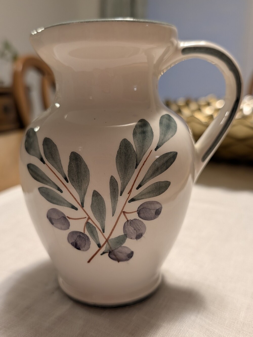Fortebraccio Ceramic Olive Branch Pitcher - White and Green